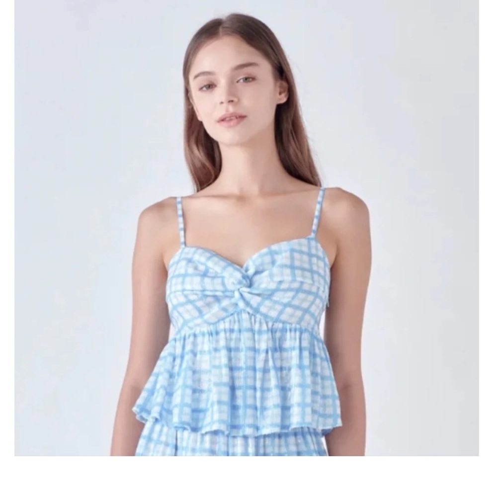 English Factory Sequinned Blue Plaid Coquette Knot-Front Spaghetti Strap Top